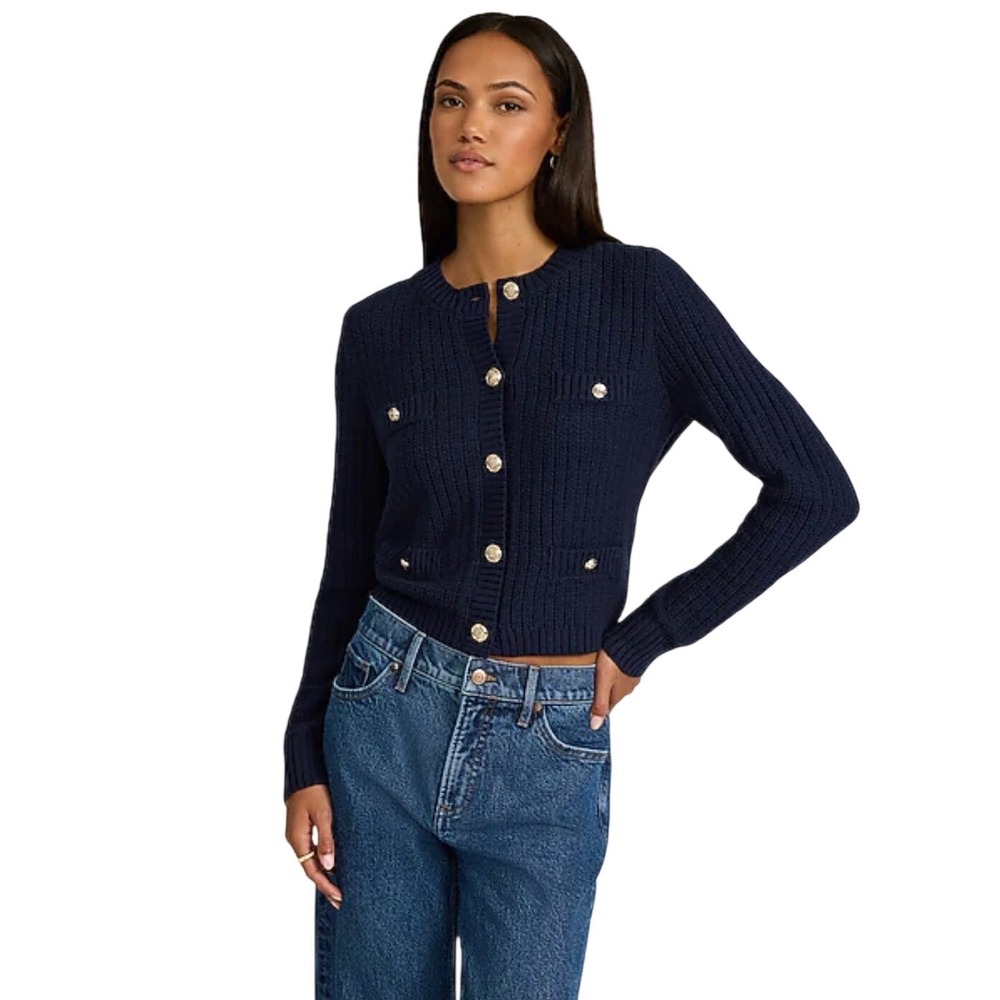 $128 Express Women Textured Crew Neck Gold Crest Button Cardigan Black XL Career